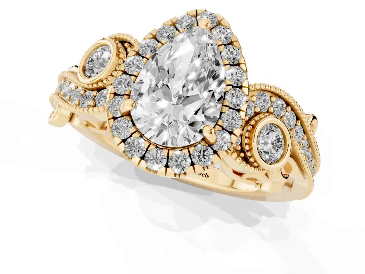 Pear Cut Halo Diamond Ring with Milgrain and Bezel Accents on a Split Shank Band Yellow gold