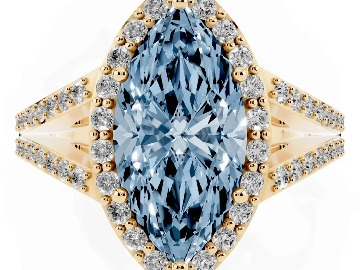 Fancy Blue Marquise Cut Halo Split Shank Diamond Ring with Prong Setting Yellow gold