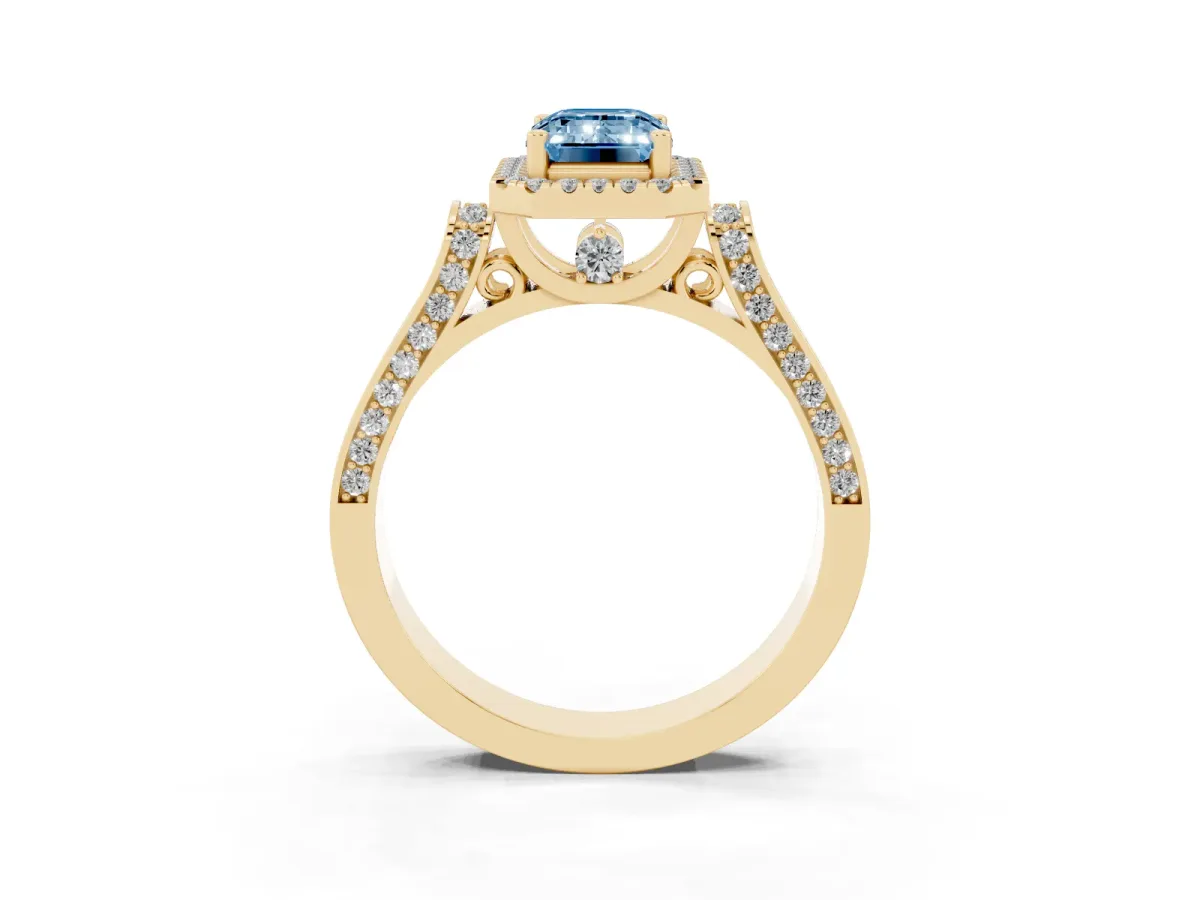 Fancy Blue Emerald Cut Halo Pave Split Shank Prong Setting Ring Yellow gold