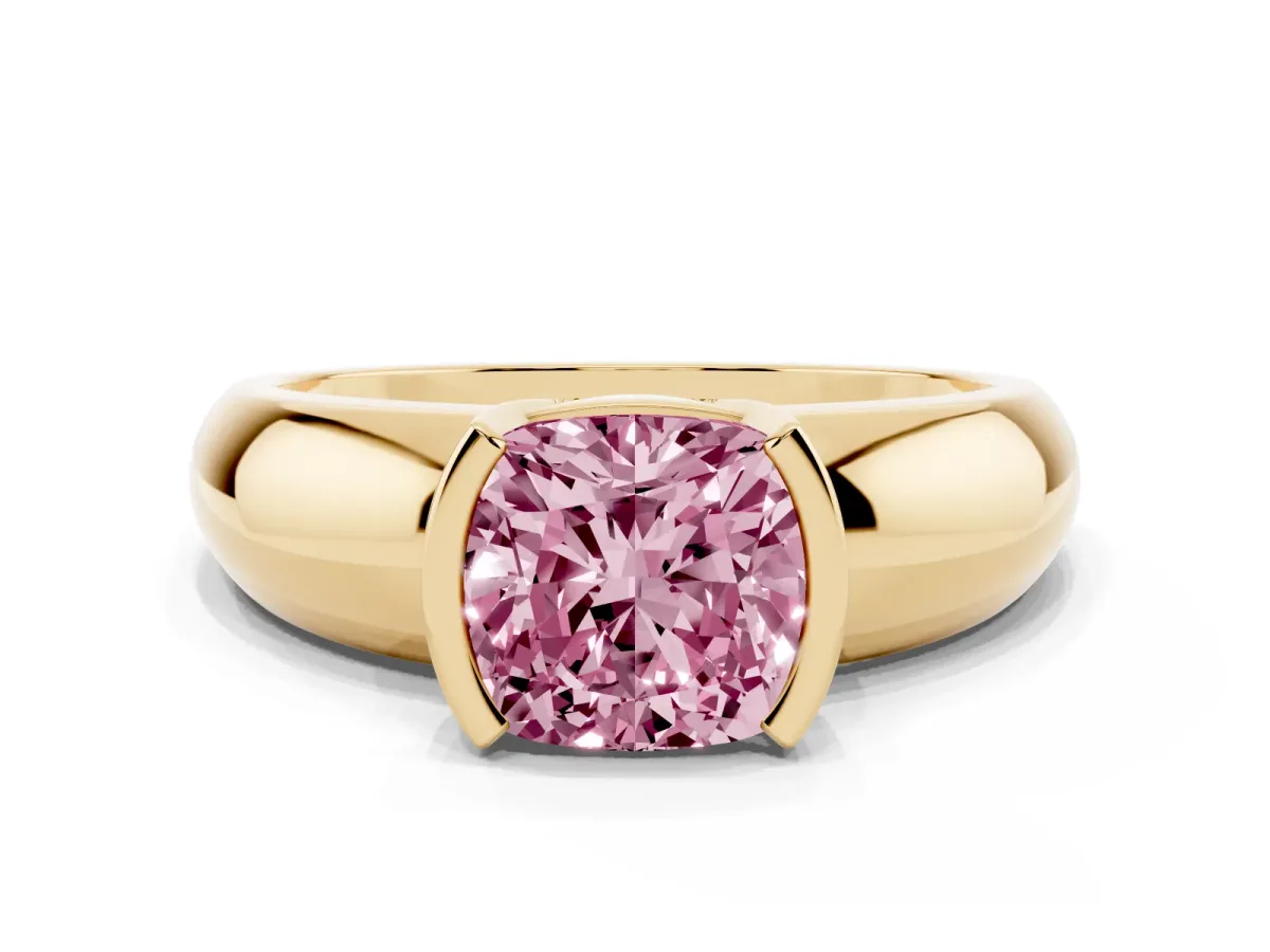 Fancy Pink Cushion Cut Solitaire Tension Set Diamond Ring with Wide Band Yellow gold