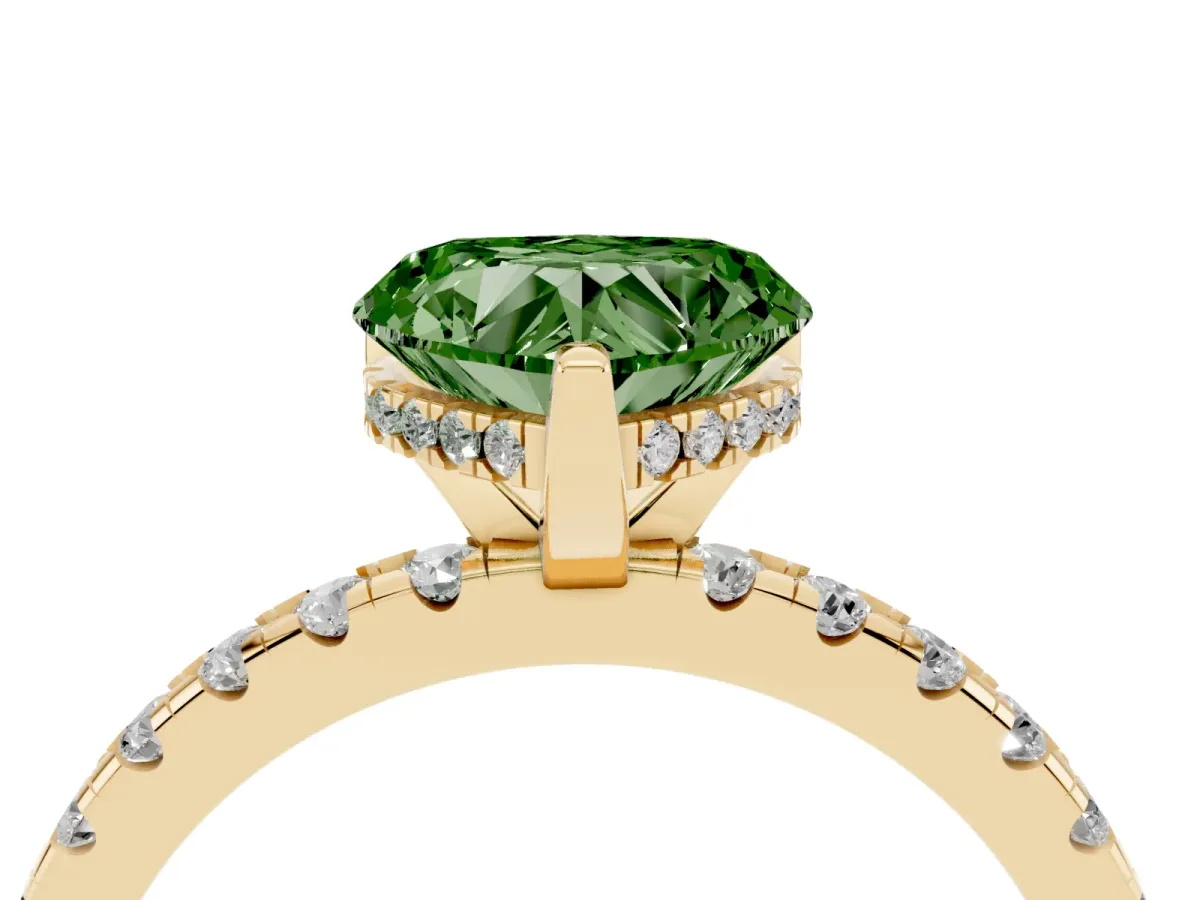 Fancy Green Heart Cut Diamond Solitaire Ring with Round Pavé Band and Four-Prong Setting Yellow gold