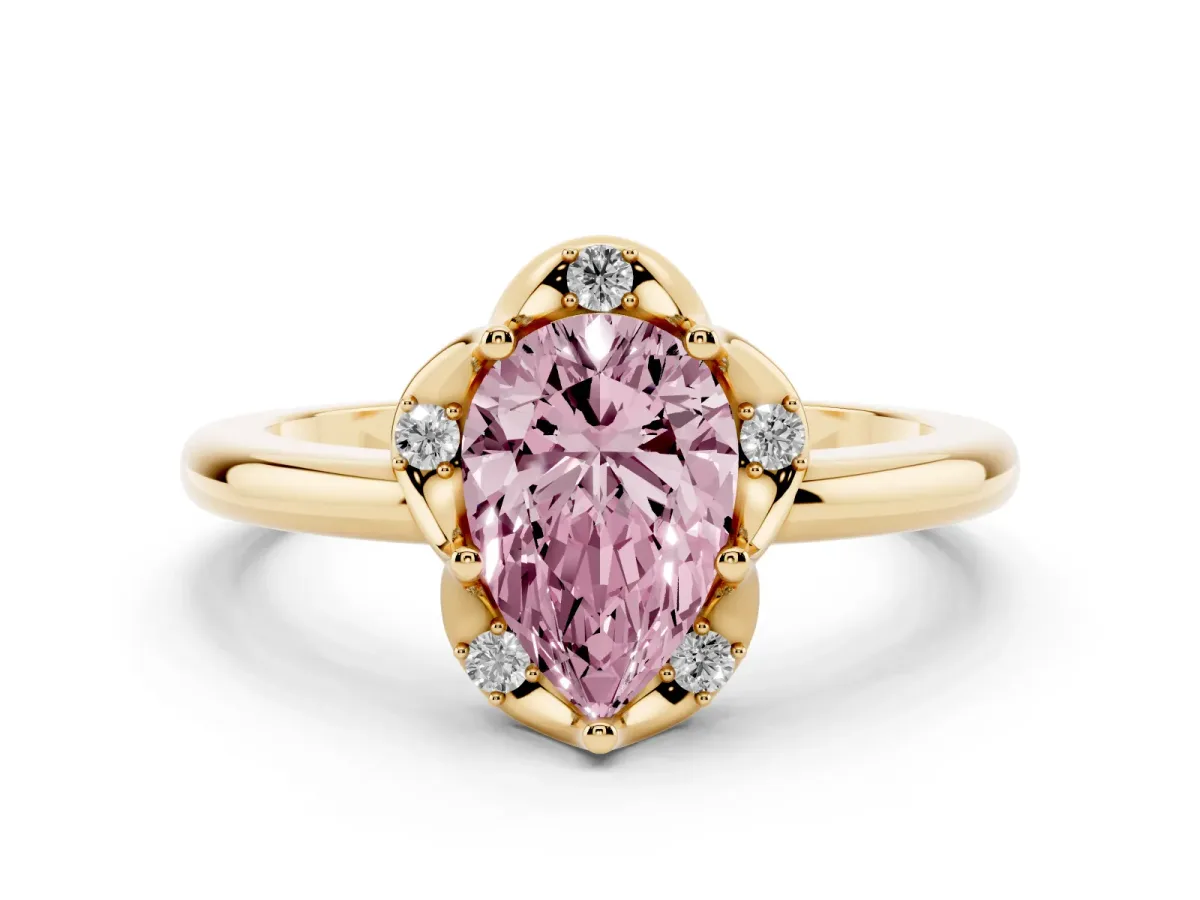 Fancy Pink Pear Cut Halo Diamond Ring with Round Cluster Setting, Solitaire Band, and Four-Prong Setting Yellow gold