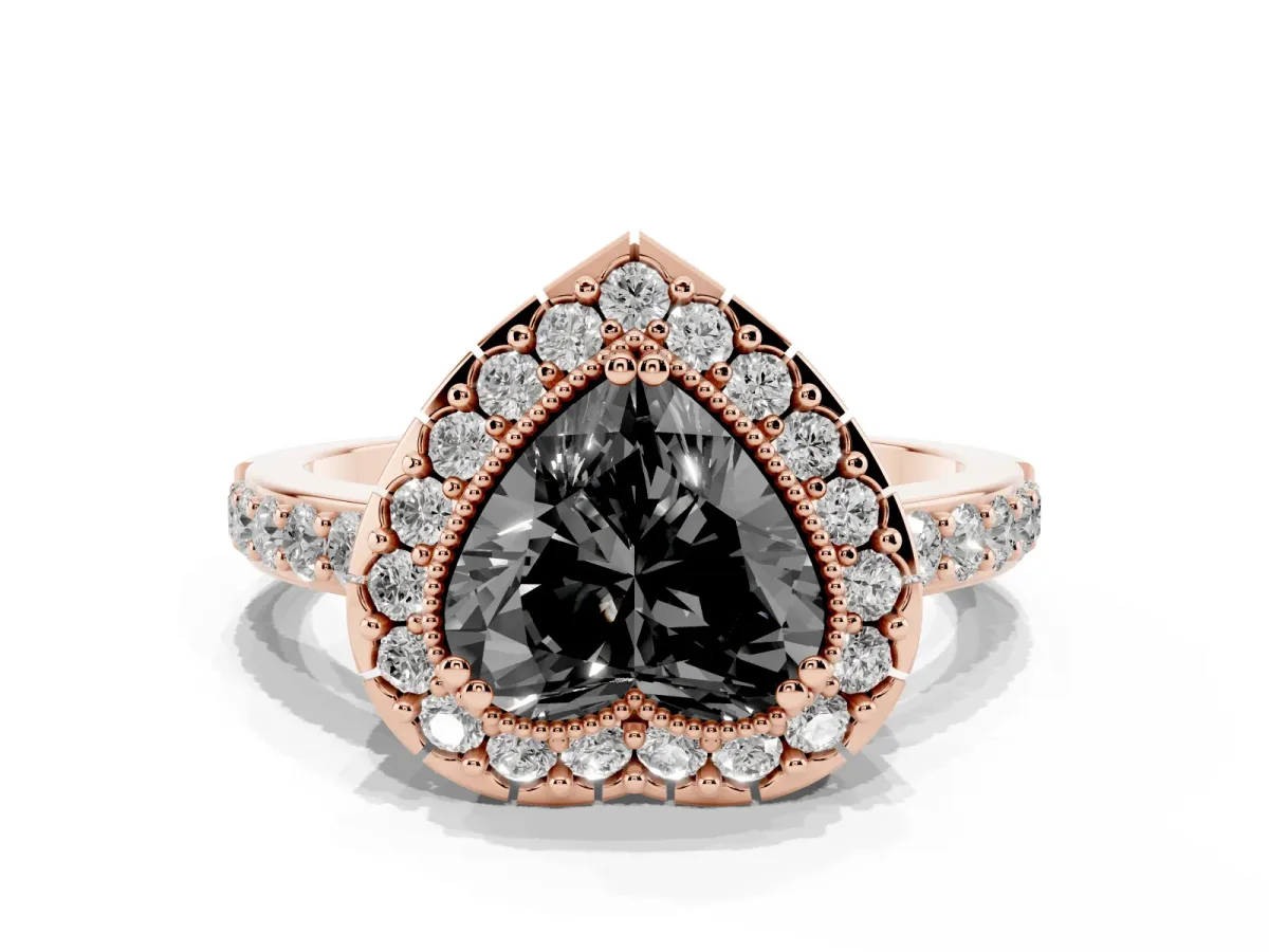 Fancy Black Heart Cut Diamond Halo Ring with Pavé Band and Prong Setting Rose gold