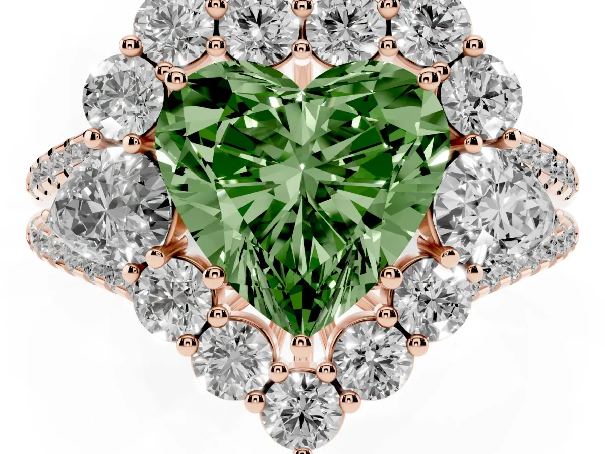 Fancy Green Heart Cut Halo Split Shank Diamond Engagement Ring with Prong Setting Rose gold