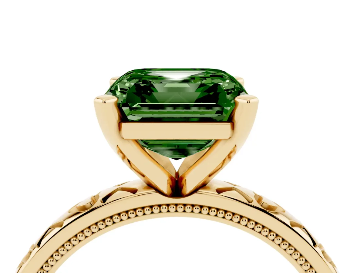 Fancy Green Asscher Cut Solitaire Diamond Engagement Ring with XO Engraved Band and Four-Prong Setting Yellow gold