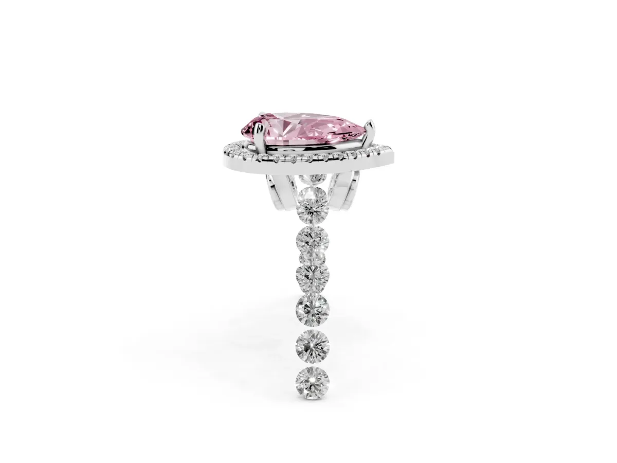 Fancy Pink Pear Cut Halo Pavé Diamond Engagement Ring with Four-Prong Setting Platinum