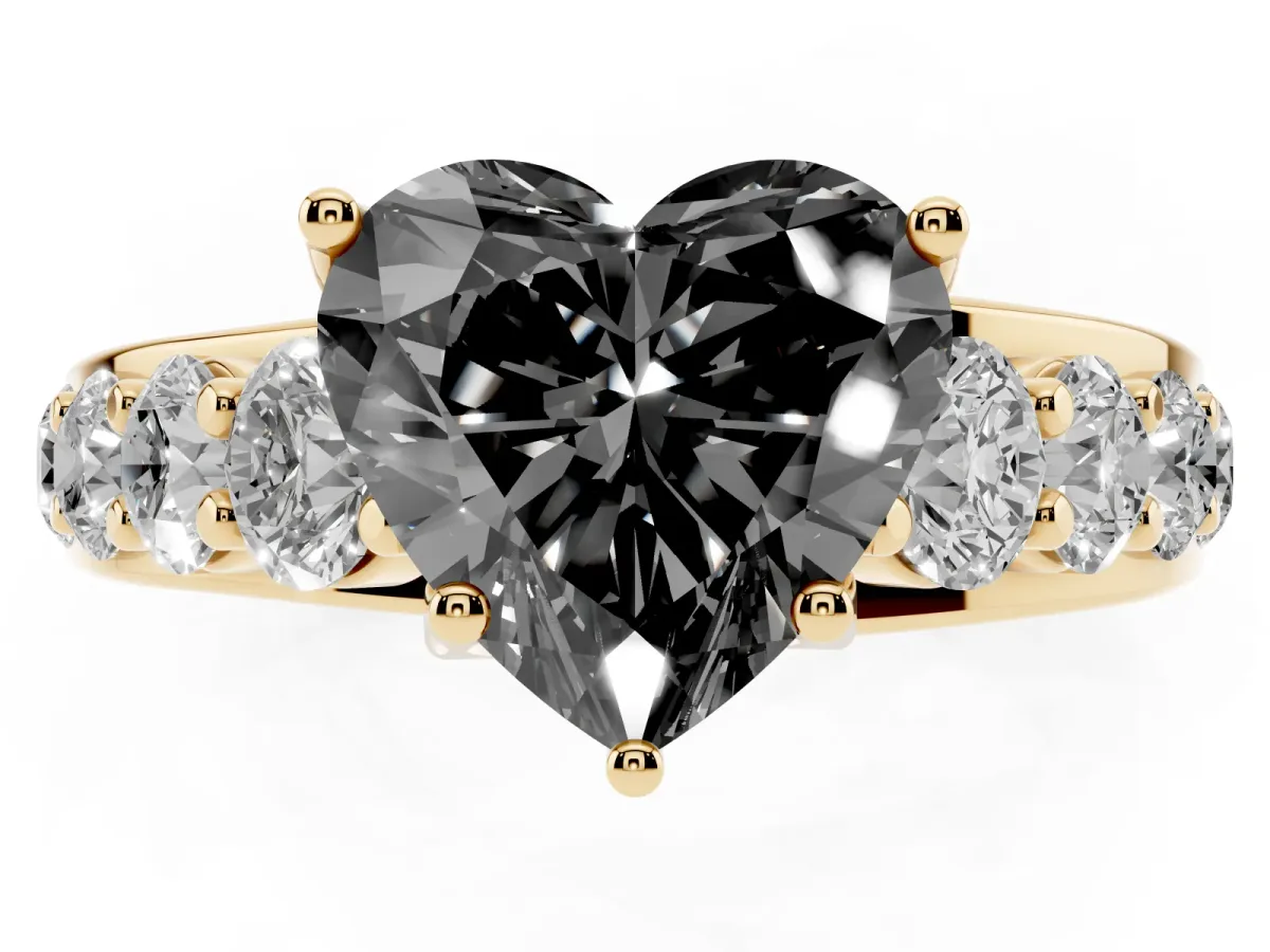 Fancy Black Heart Cut Diamond Engagement Ring with Pavé Band and Four-Prong Setting Yellow gold
