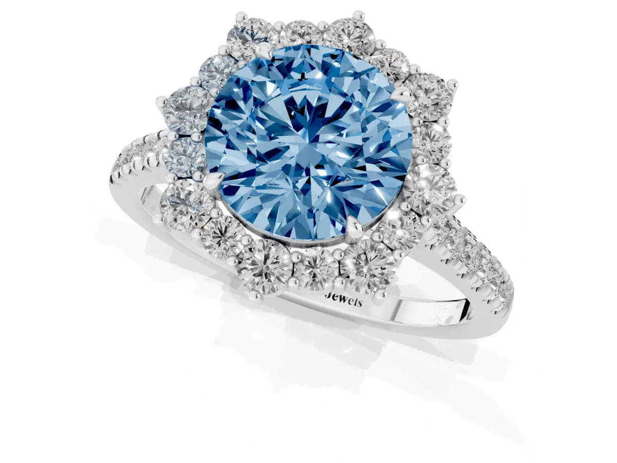 Fancy Blue Round Cut Halo Diamond Ring with Pavé Band and Prong Setting Silver