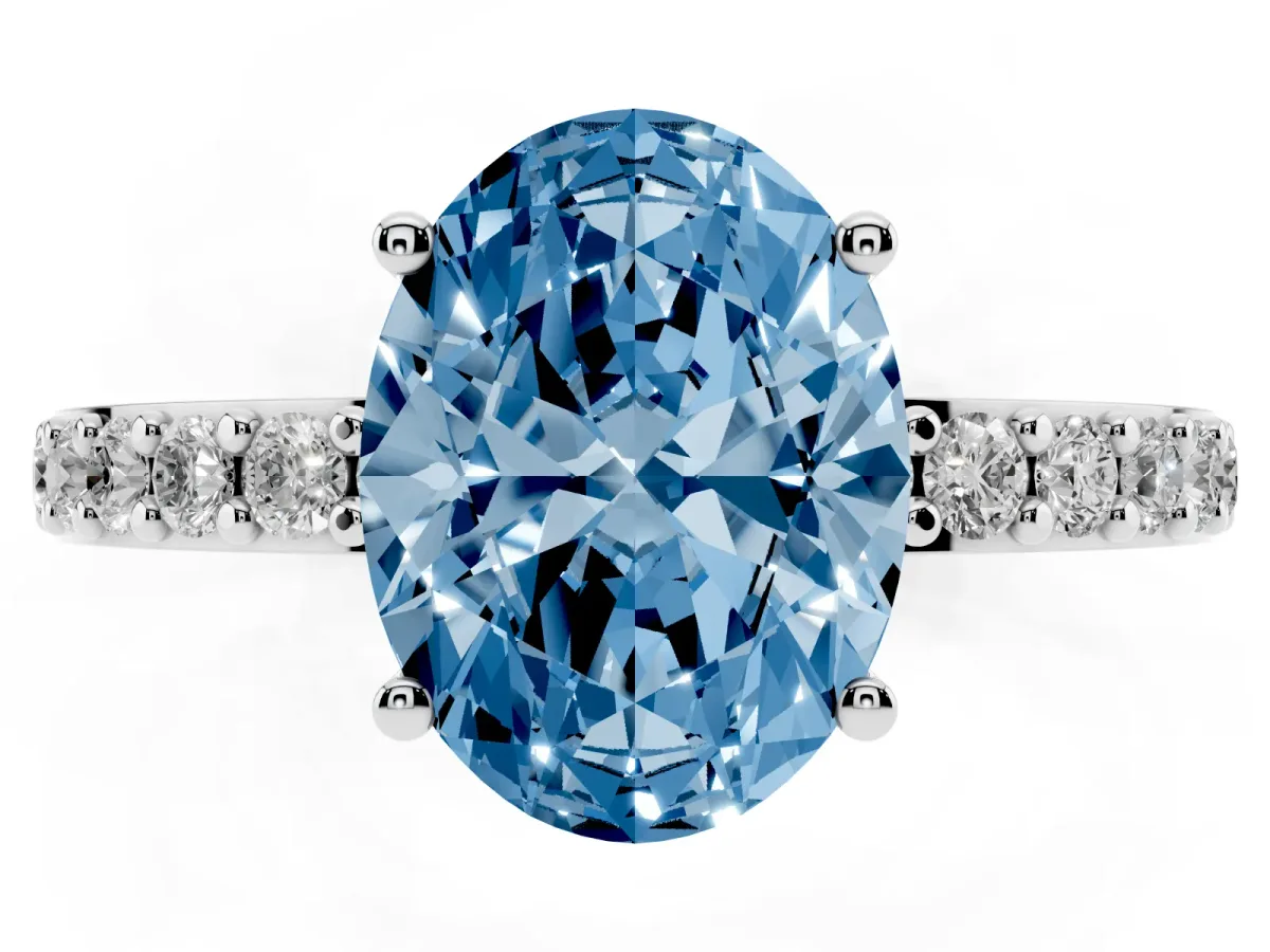 Fancy Blue Oval Cut Cut Diamond Solitaire with Pave Band and Four-Prong Setting Silver