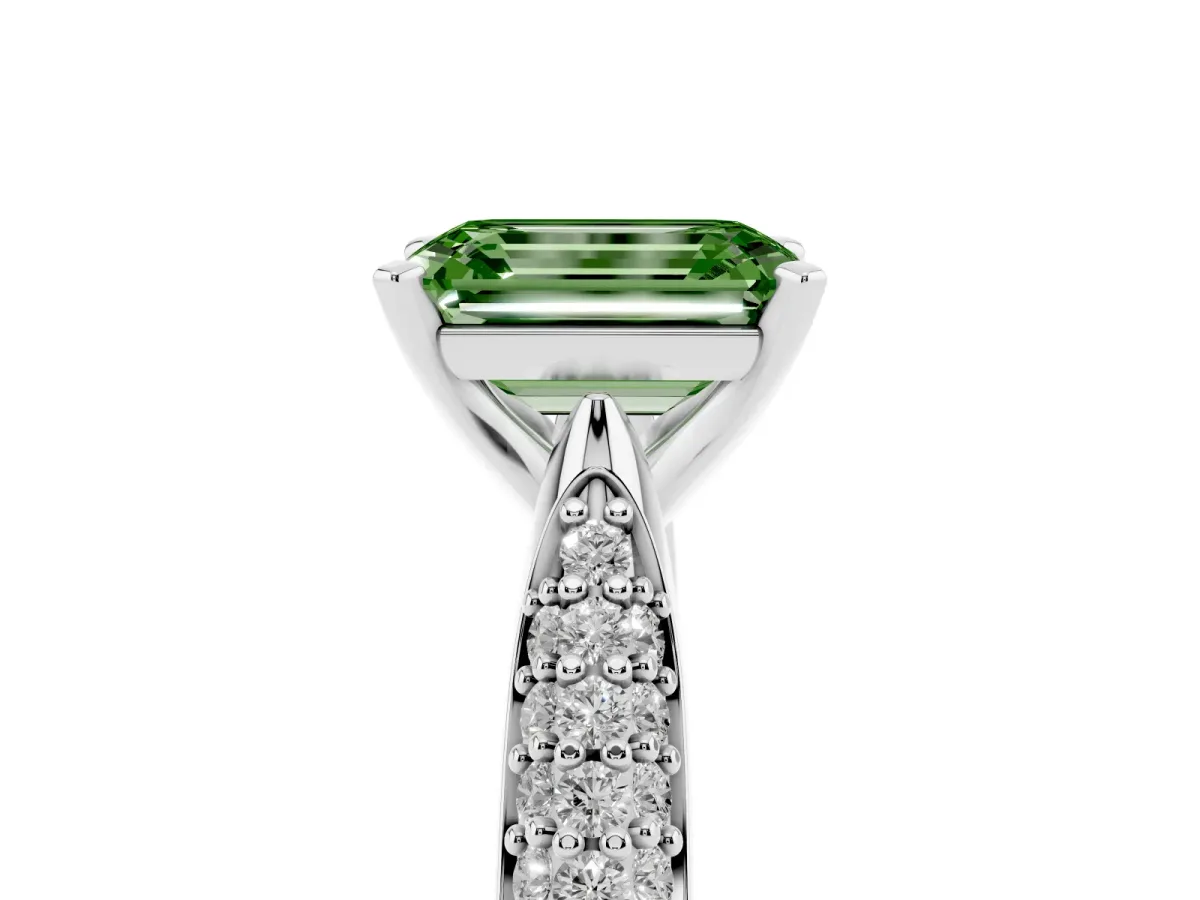 Fancy Green Emerald Cut Diamond Solitaire Engagement Ring with Multi-Row Round Pavé Band and Prong Setting Silver