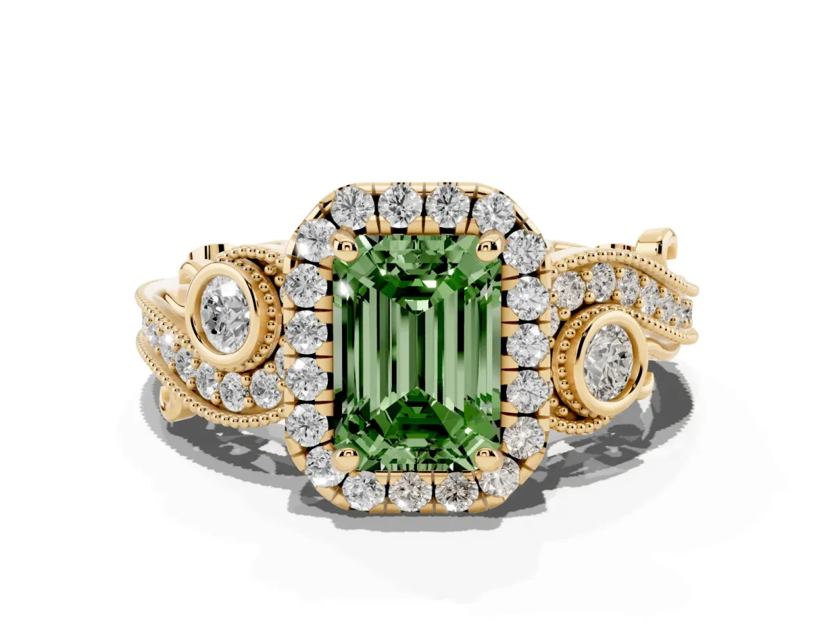 Fancy Green Emerald Cut Halo Diamond Ring with Milgrain and Bezel Accents on a Split Shank Band Yellow gold