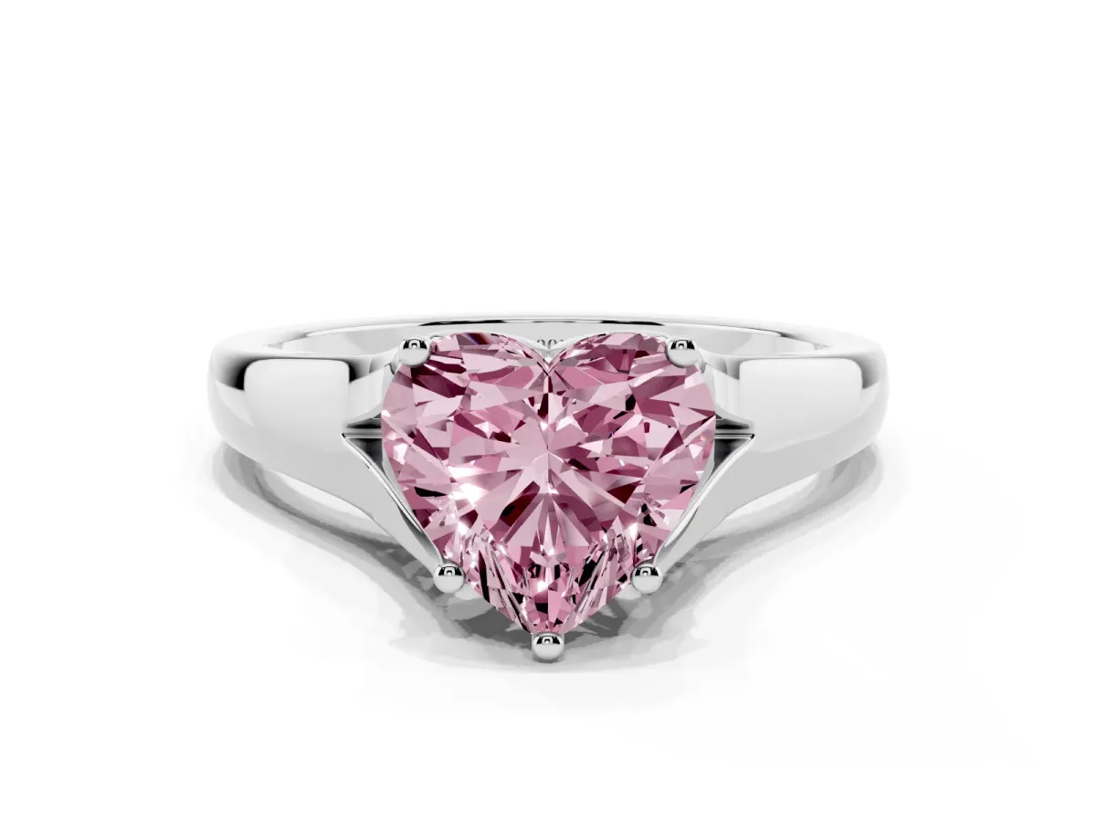 Fancy Pink Heart Cut Solitaire Diamond Ring with Cathedral Band and Four-Prong Setting Silver