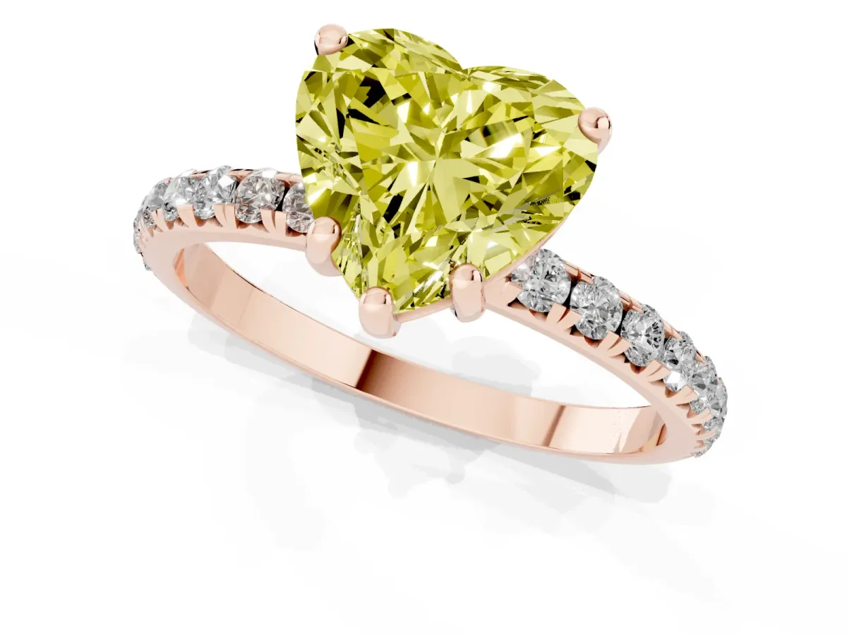 Fancy Yellow Heart Cut Cut Diamond Solitaire Ring with Micro Pave Band and Four Prong Setting Rose gold