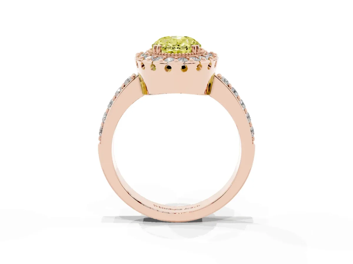 Fancy Yellow Oval Cut Diamond Halo Ring with Pavé Band and Prong Setting Rose gold