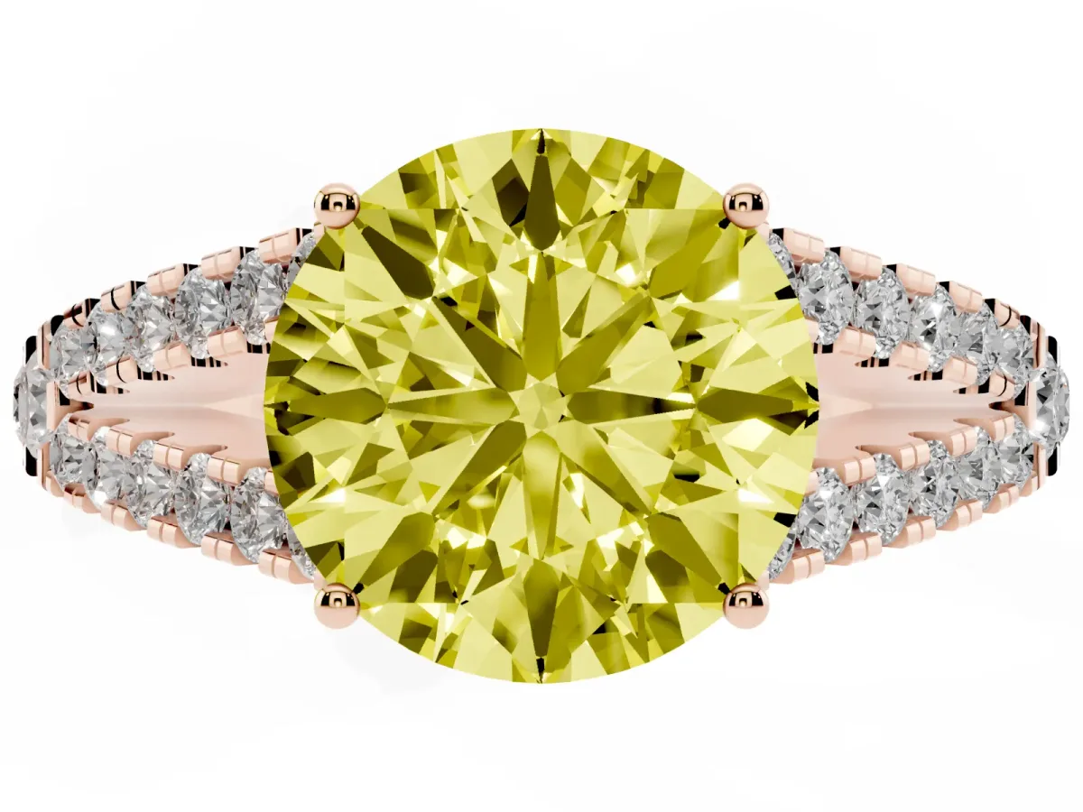 Fancy Yellow Round Cut Diamond Split Shank Pavé Engagement Ring with Four-Prong Setting Rose gold