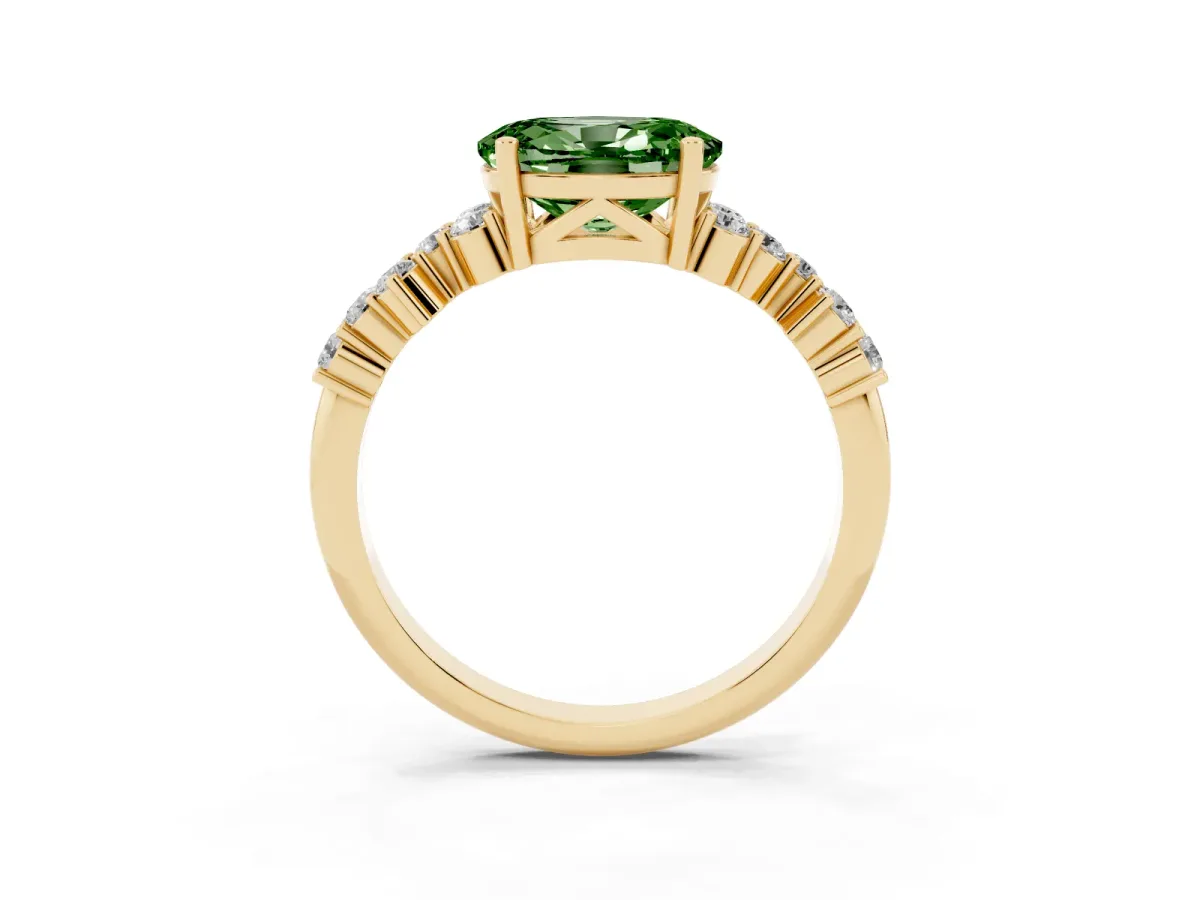 Fancy Green Oval Cut Diamond Scattered Round Accent Ring with Prong Setting Yellow gold