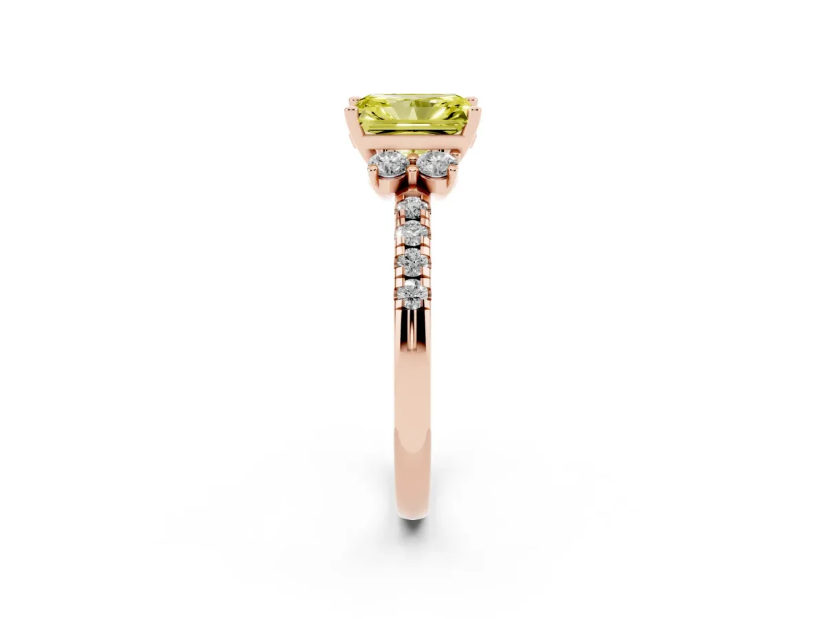 Fancy Yellow Radiant Cut Diamond Three-Stone Pave Band with Four-Prong Setting Rose gold