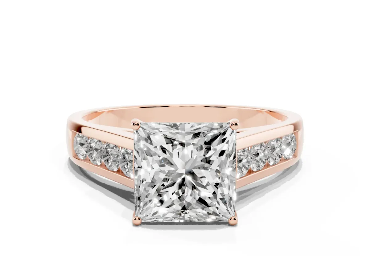 Princess Cut Solitaire Channel-Set Diamond Engagement Ring with Four-Prong Setting Rose gold