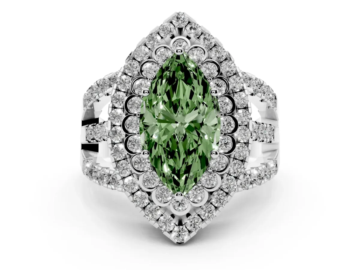 Fancy Green Marquise Cut Diamond Double Halo Ring with Round Pavé Split Shank and Prong Setting White gold