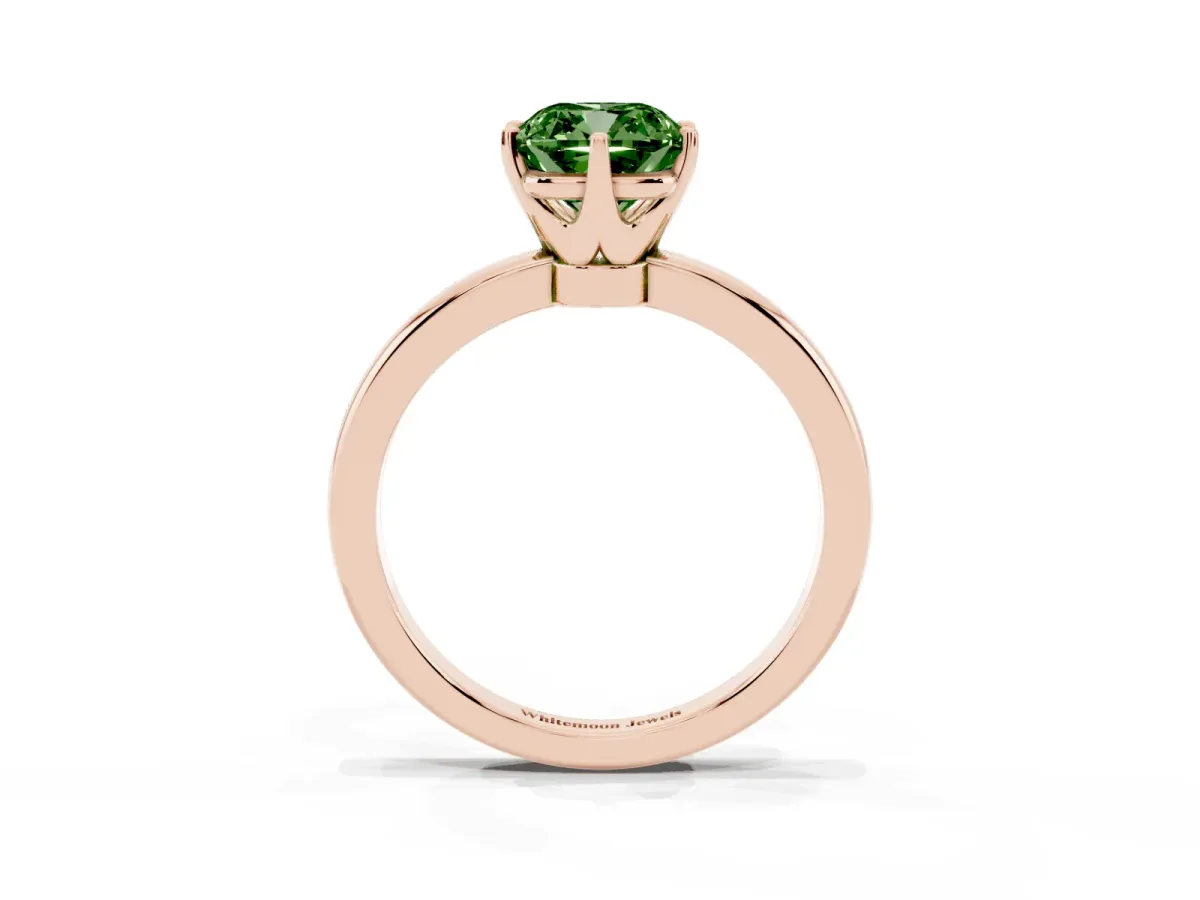 Fancy Green Cushion Cut Solitaire Diamond Ring with Six-Prong Setting on a Classic Band Rose gold