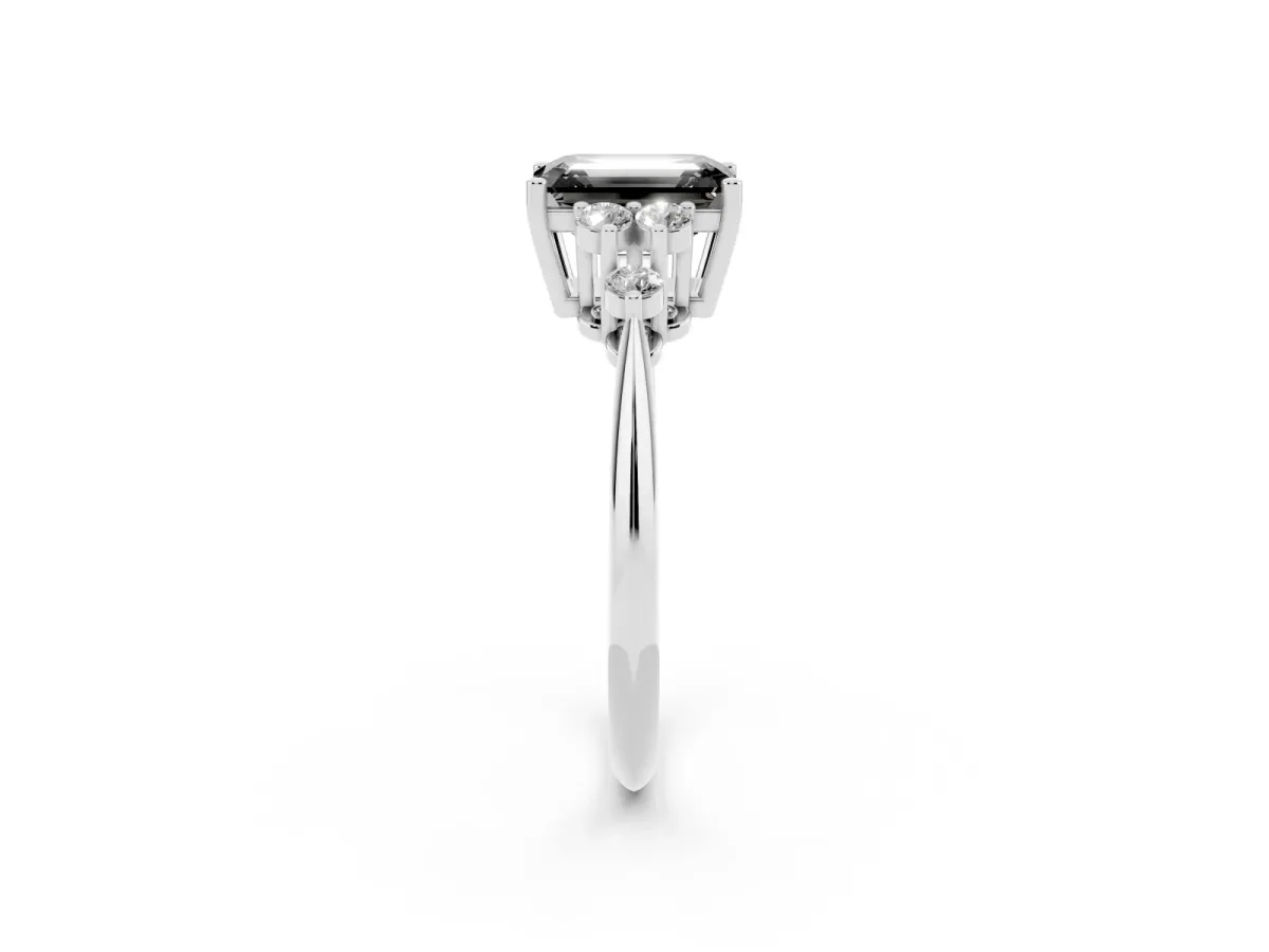 Fancy Black Emerald Cut Cut Diamond Cluster Ring with Solitaire Band and Four-Prong Setting Silver