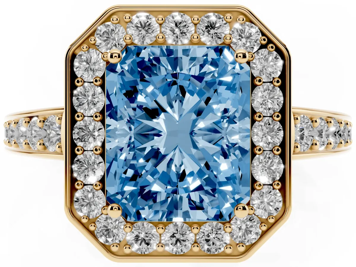 Fancy Blue Radiant Cut Halo Pavé Diamond Engagement Ring with Bezel Setting Yellow gold
