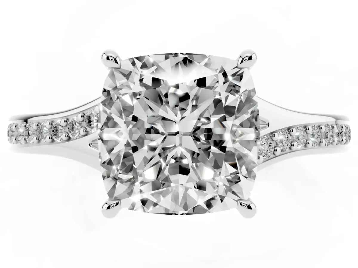 Cushion Cut Diamond Solitaire Ring with Pavé Band and Prong Setting Silver