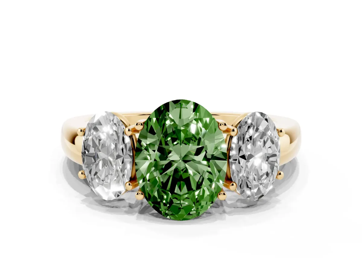 Fancy Green Oval Cut Diamond Three-Stone Ring with Four-Prong Setting and Classic Band Yellow gold