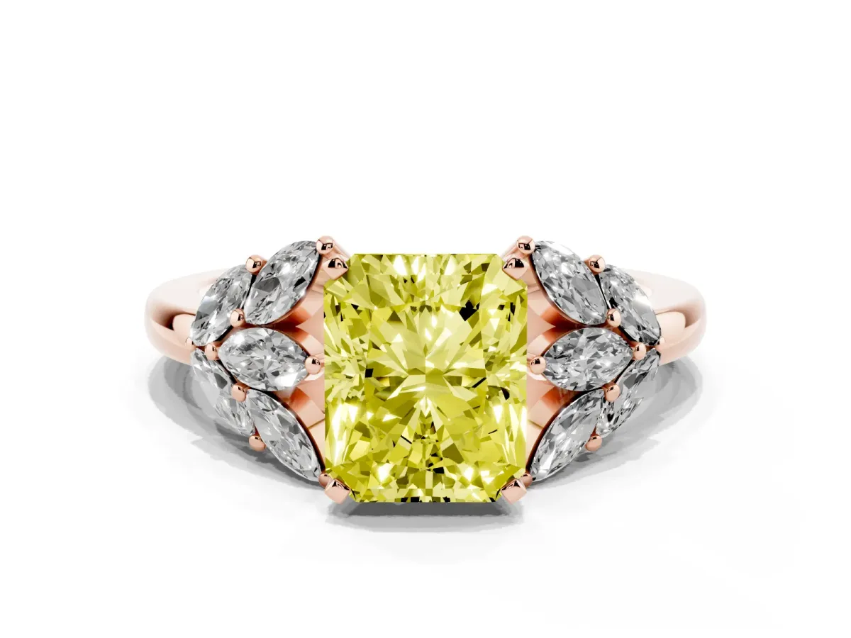 Fancy Yellow Radiant Cut Diamond Cluster Leaf Design Ring with Prong Setting Rose gold