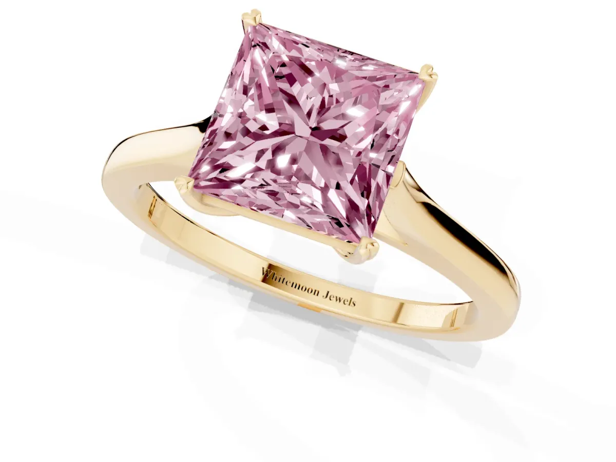Fancy Pink Princess Cut Solitaire Heart Prong Engagement Ring with Tapered Band Yellow gold