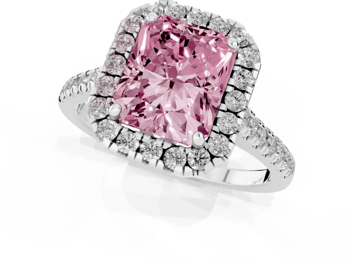 Fancy Pink Radiant Cut Diamond Cushion Halo Ring with Pavé Band White gold