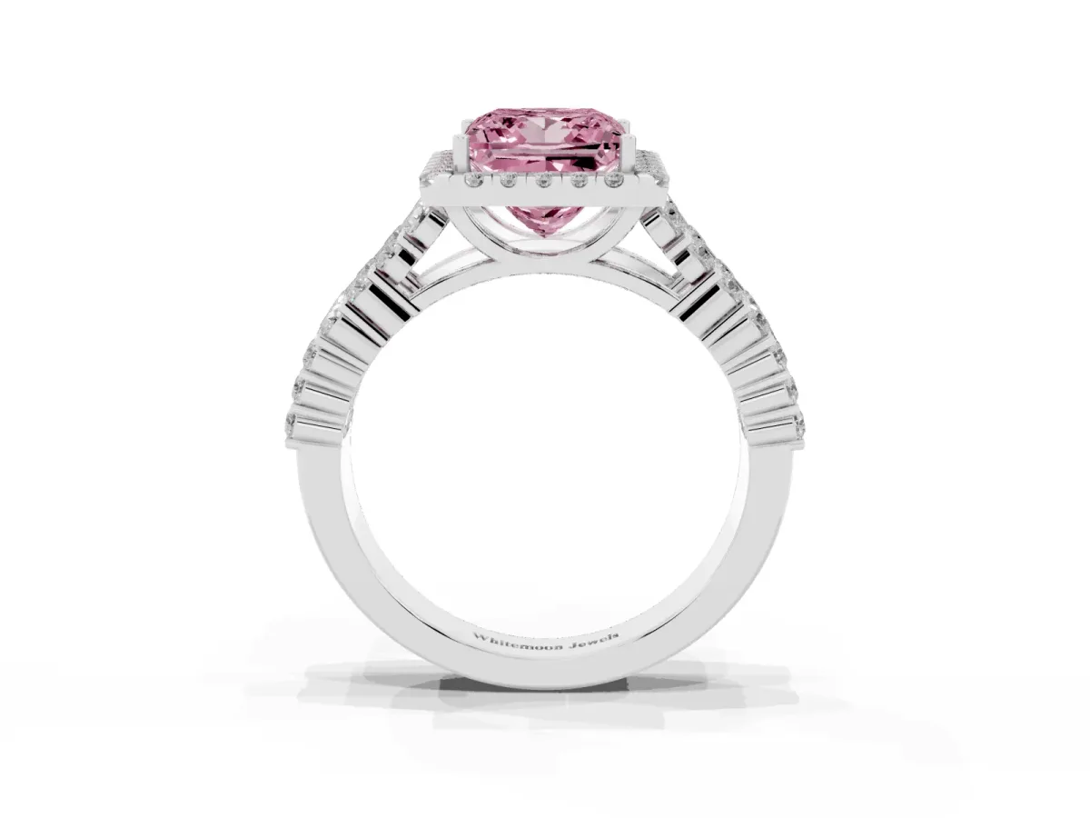 Fancy Pink Princess Cut Diamond Halo Engagement Ring with Triple Row Round Pavé Band and Prong Setting Silver