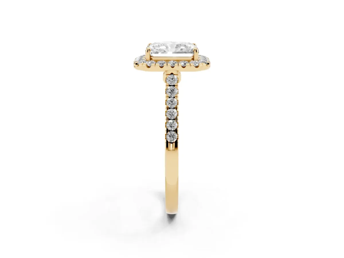 Radiant Cut Halo Pave Diamond Engagement Ring with Four-Prong Setting Yellow gold
