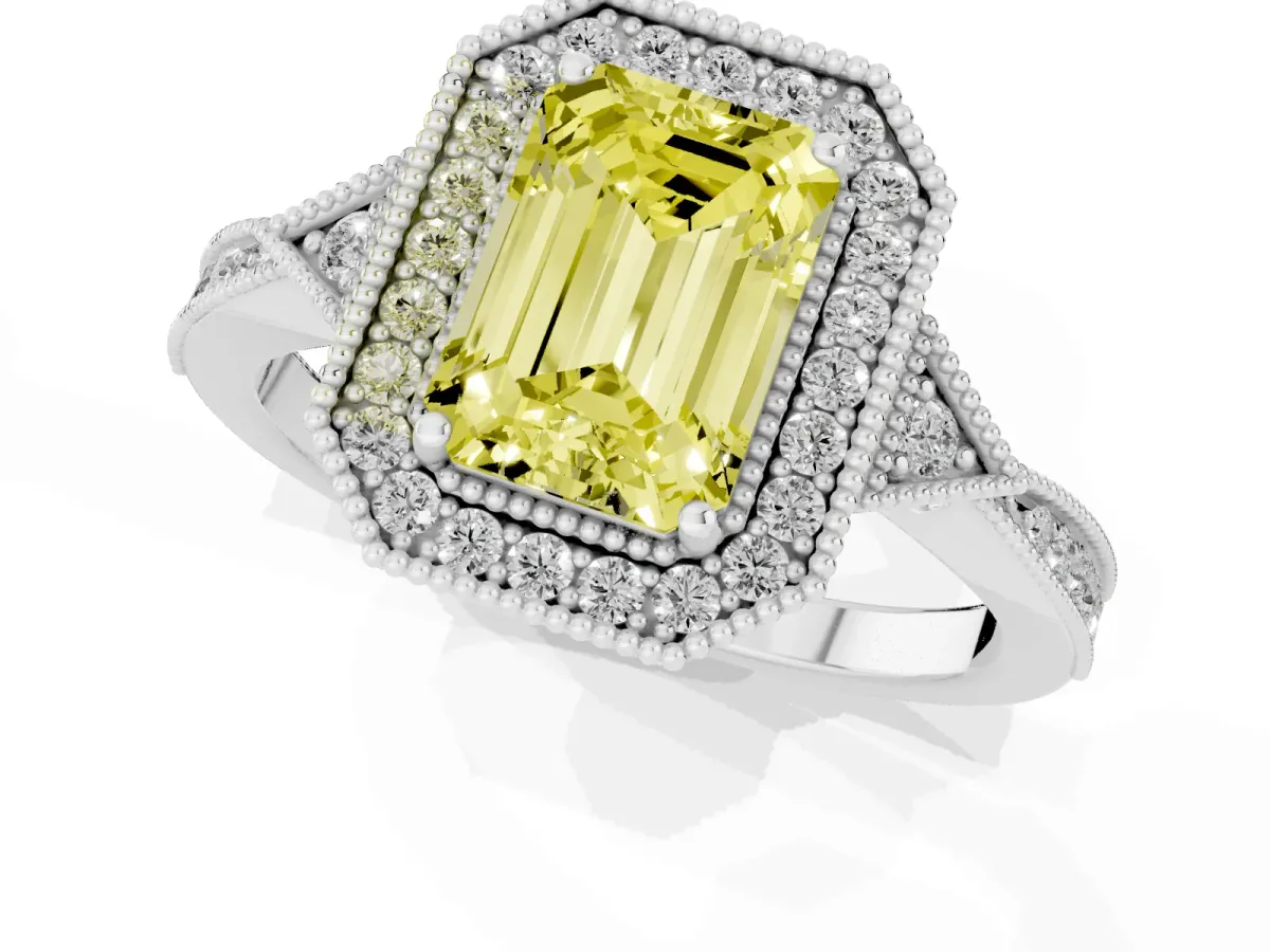 Fancy Yellow Emerald Cut Halo Round Diamond Milgrain Pave Engagement Ring Silver