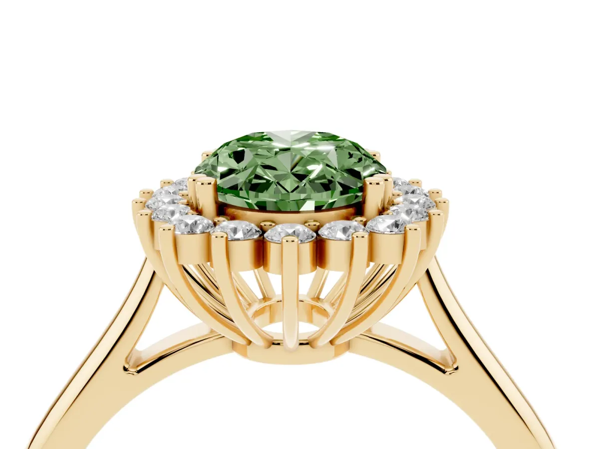 Fancy Green Oval Cut Cut Diamond Halo Ring with Solitaire Band and Prong Setting Yellow gold