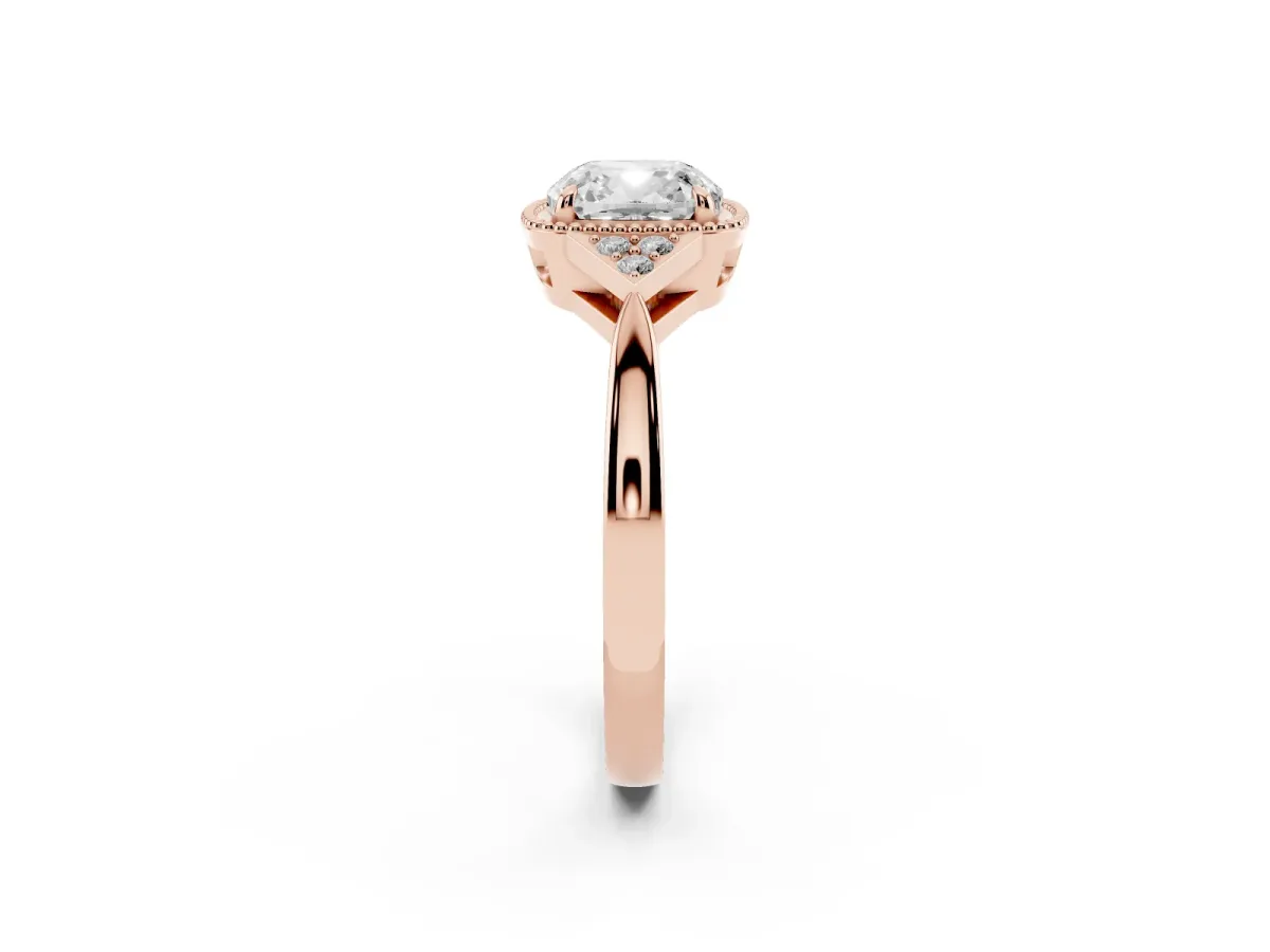 Cushion Cut Diamond Halo Ring with Tapered Band and Four-Prong Setting Rose gold