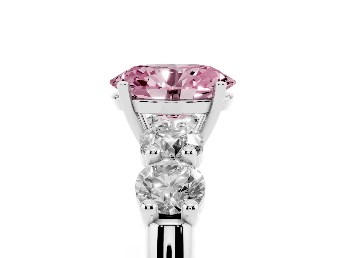 Fancy Pink Oval Cut Cut Five-Stone Prong Set Diamond Ring with Classic Band Silver