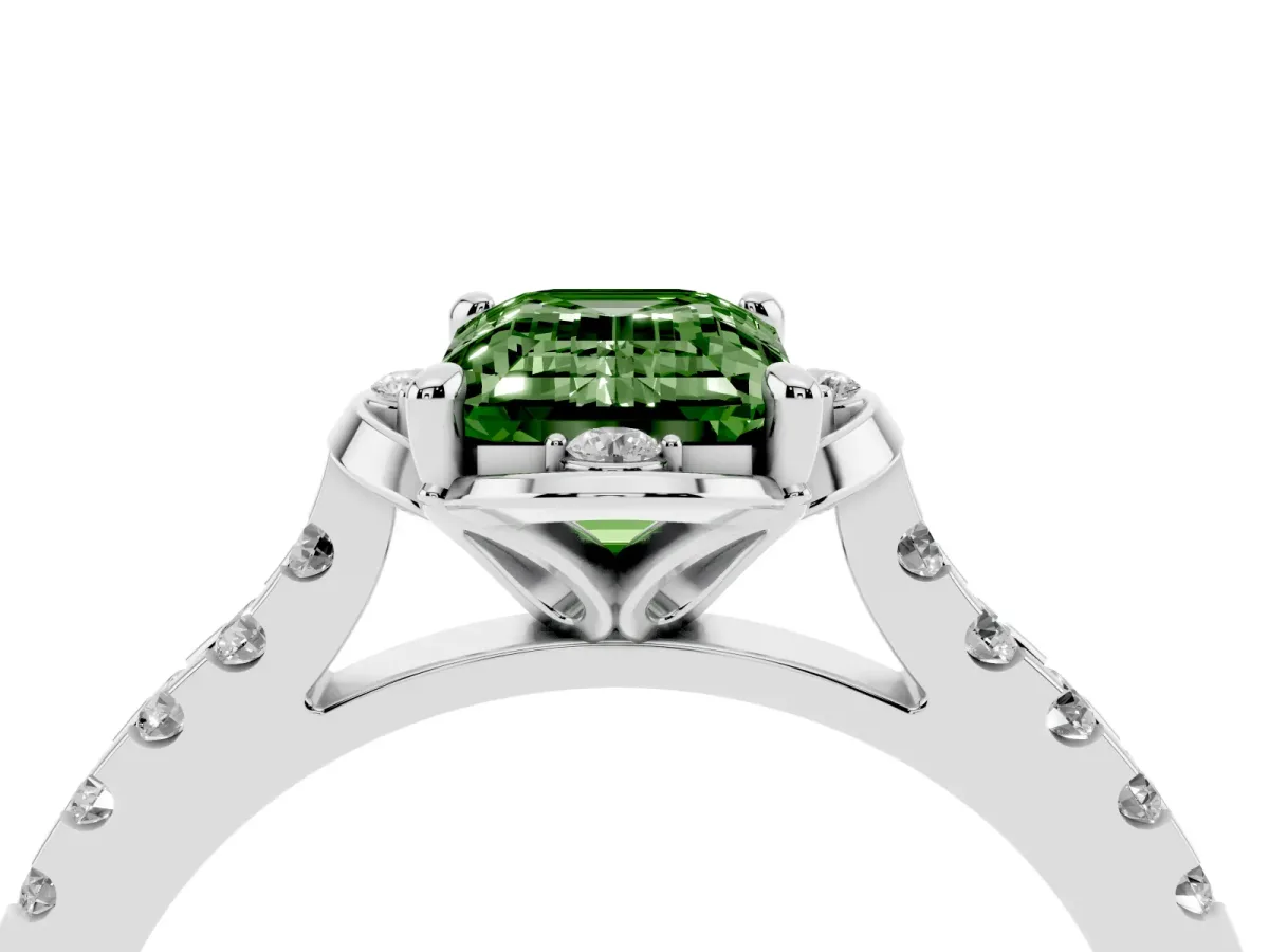 Fancy Green Emerald Cut Diamond Ring with Pavé Band and Floral Prong Setting Silver