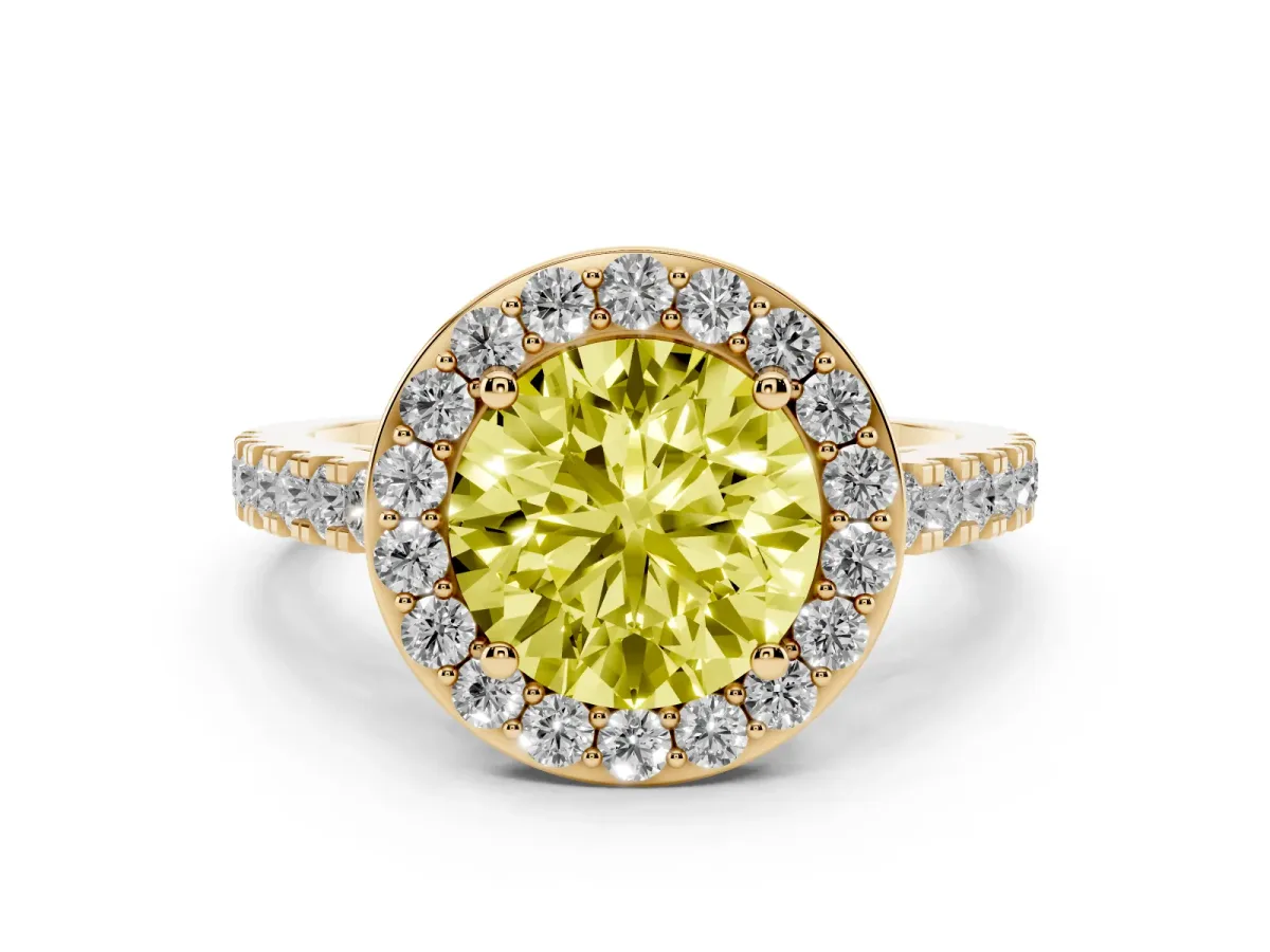 Fancy Yellow Round Cut Diamond Halo Ring with Round Pavé Split Shank and Prong Setting Yellow gold