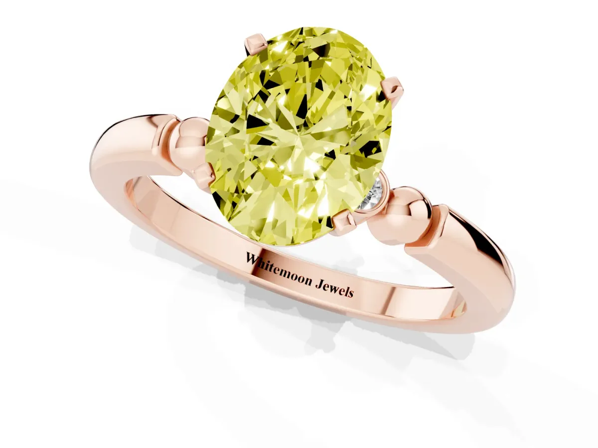 Fancy Yellow Oval Cut Solitaire Beaded Band with Four-Prong Setting Rose gold