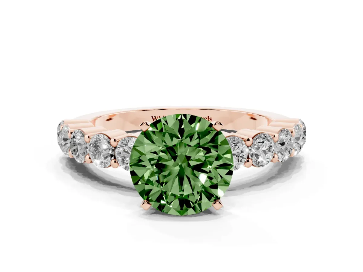 Fancy Green Round Cut Diamond Solitaire Ring with Shared Prong Round Side Stones Rose gold