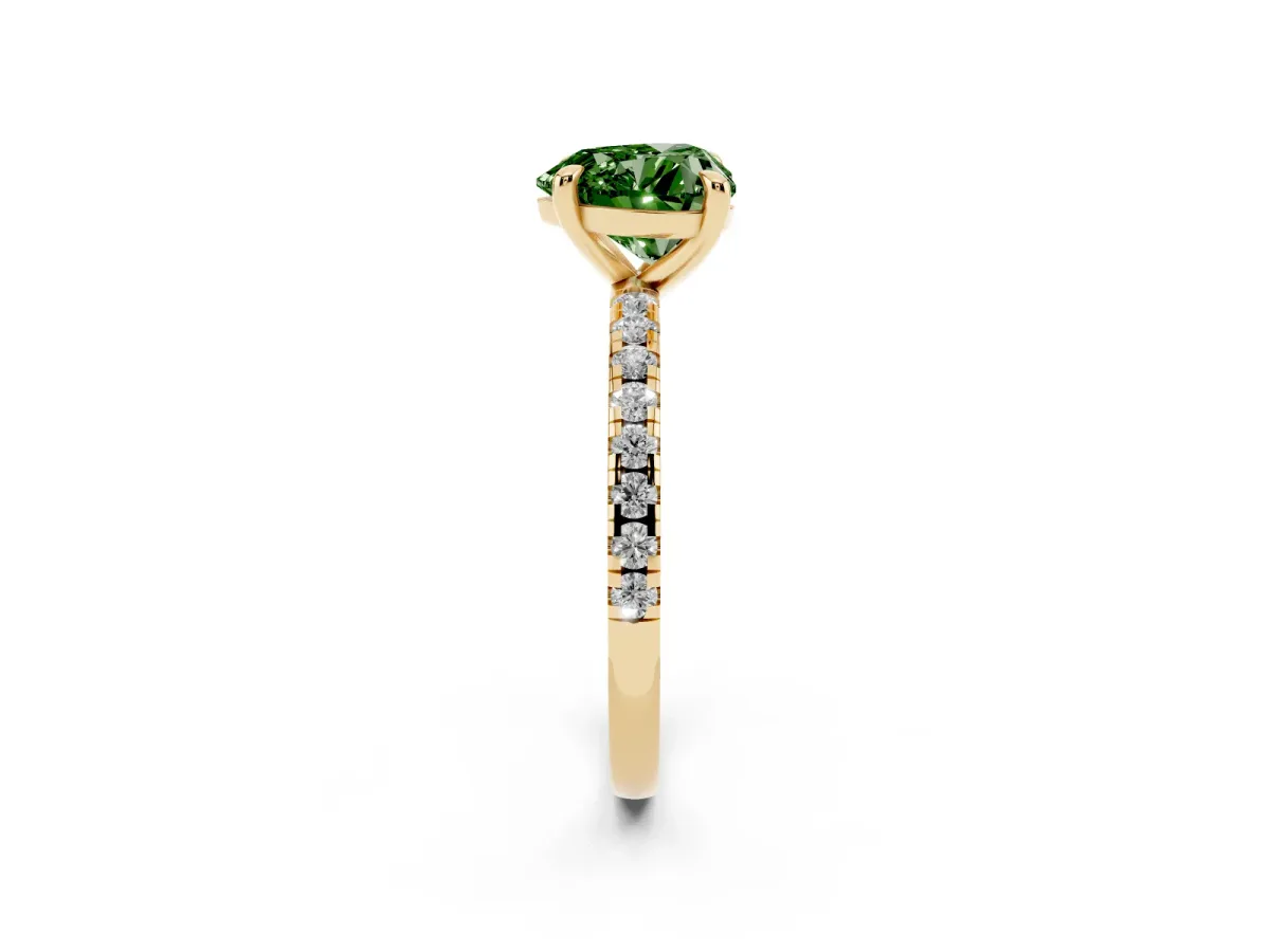 Fancy Green Heart Cut Diamond Brilliant Solitaire Ring with Pavé Band and Four-Prong Setting Yellow gold