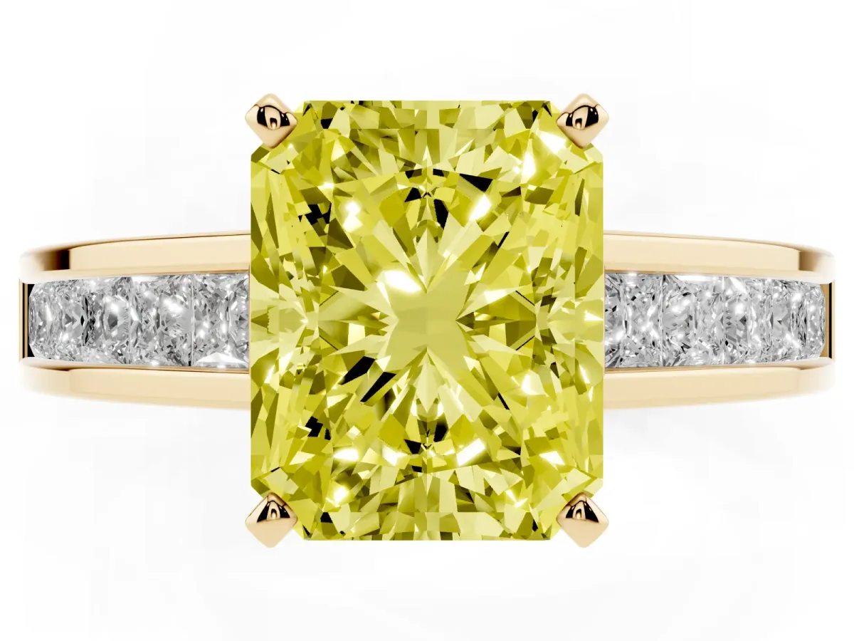 Fancy Yellow Radiant Cut Solitaire Diamond Ring with Channel-Set Band and Four-Prong Setting Yellow gold