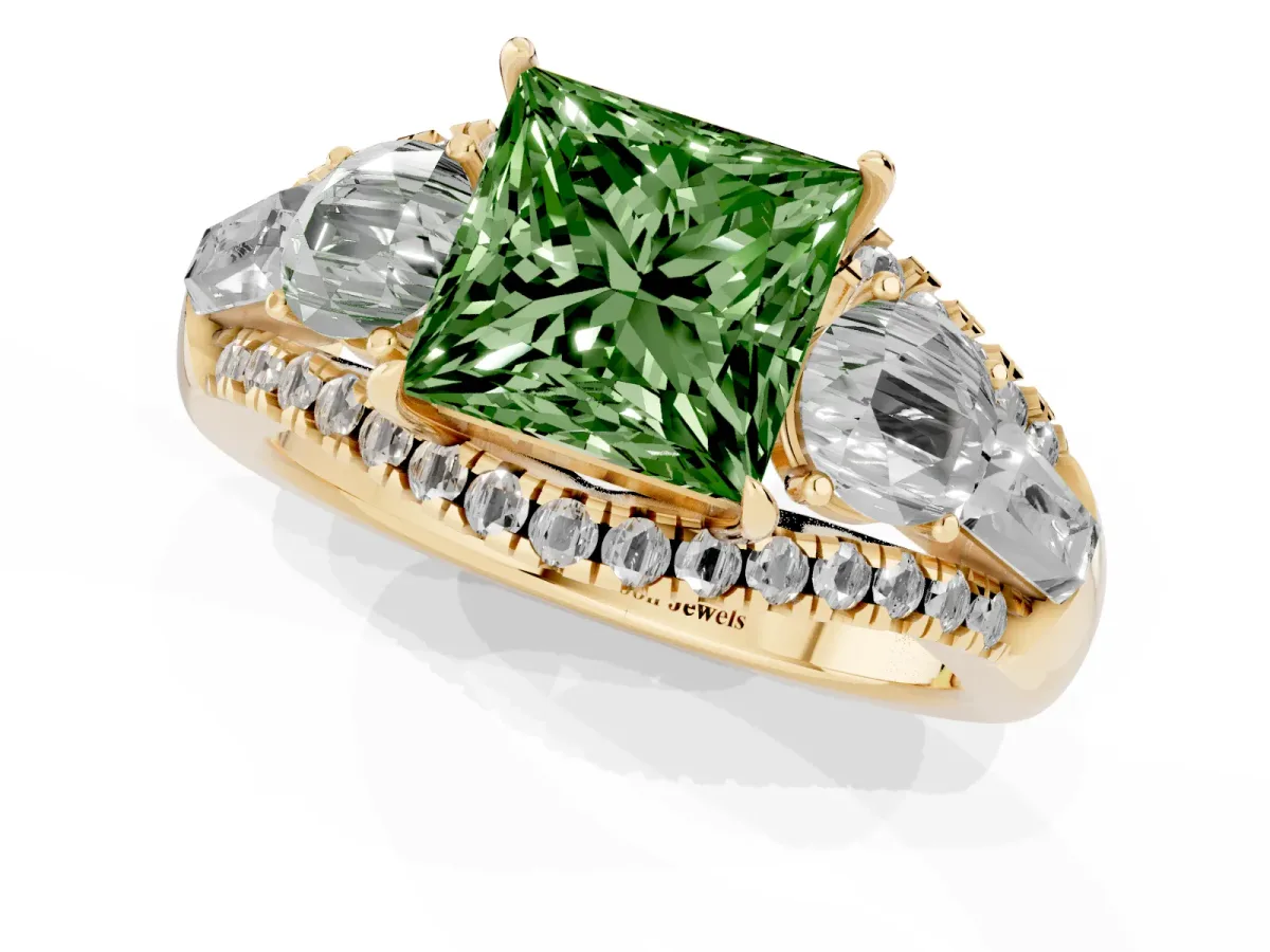 Fancy Green Three-Stone Princess Cut Diamond Engagement Ring with Pave Band and Prong Setting Yellow gold