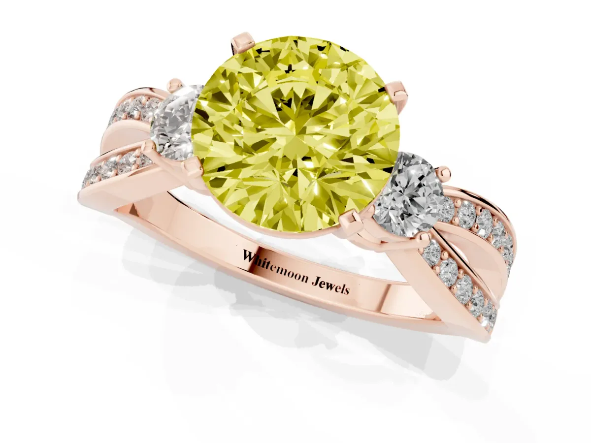 Fancy Yellow Three-Stone Round Cut Cut Diamond Twist Band with Prong Setting Rose gold