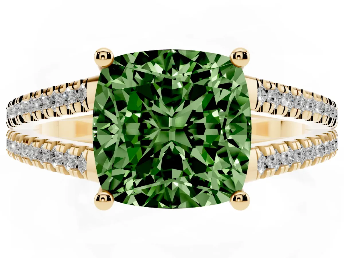 Fancy Green Cushion Cut Diamond Solitaire Engagement Ring with Split Shank Pavé Band Yellow gold