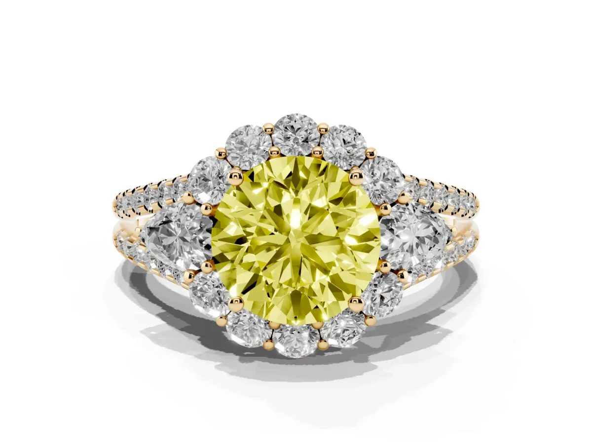 Fancy Yellow Round Cut Halo Split Shank Diamond Engagement Ring with Prong Setting Yellow gold