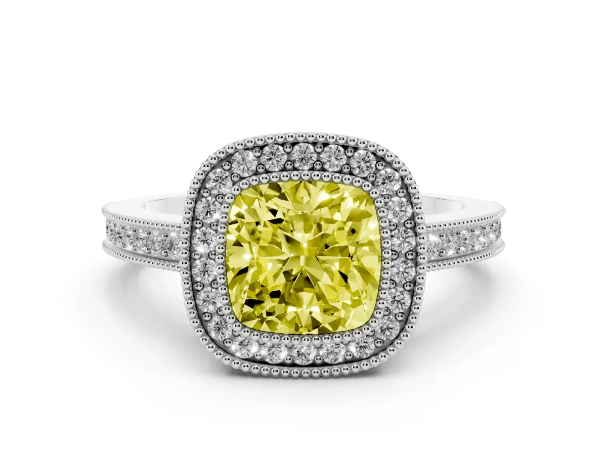 Fancy Yellow Cushion Cut Cut Halo Diamond Ring with Pavé Band and Milgrain Prong Setting Platinum