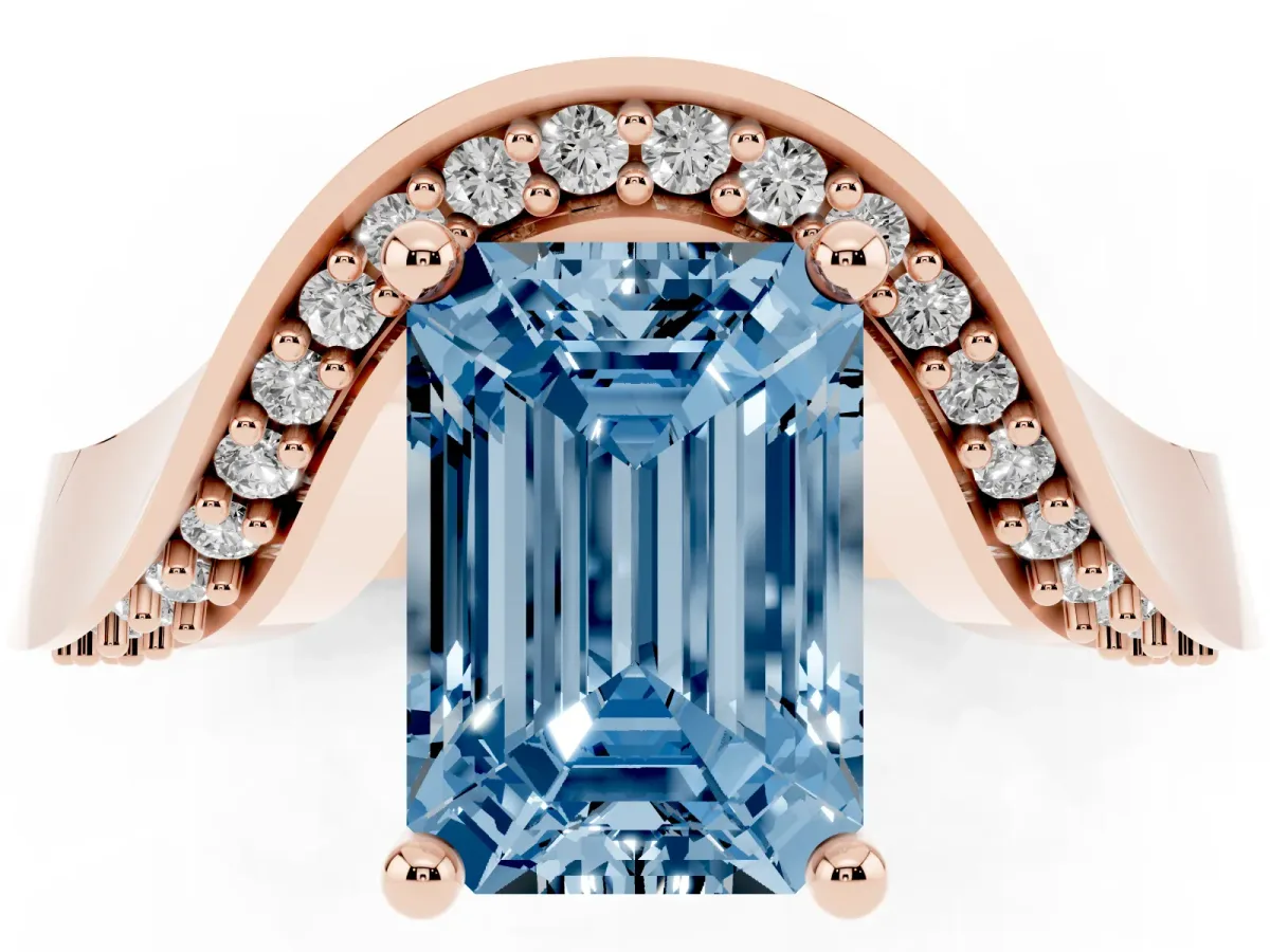 Fancy Blue Emerald Cut Solitaire Diamond Engagement Ring with Pave Band and Four-Prong Setting Rose gold