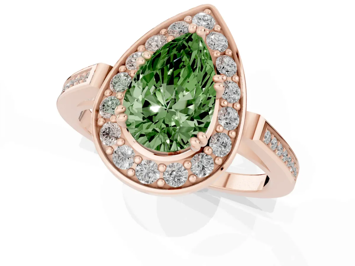 Fancy Green Pear Cut Diamond Halo Ring with Split Shank and Four-Prong Setting Rose gold